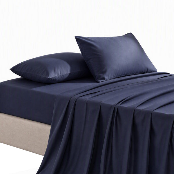 Giselle Kingsingle 500TC Cotton 4Pcs Sheet Set with 40cm Extra Deep Pocket for Thick Mattresses Sateen Weave for Sweaty Nights Navy Blue Awezingly