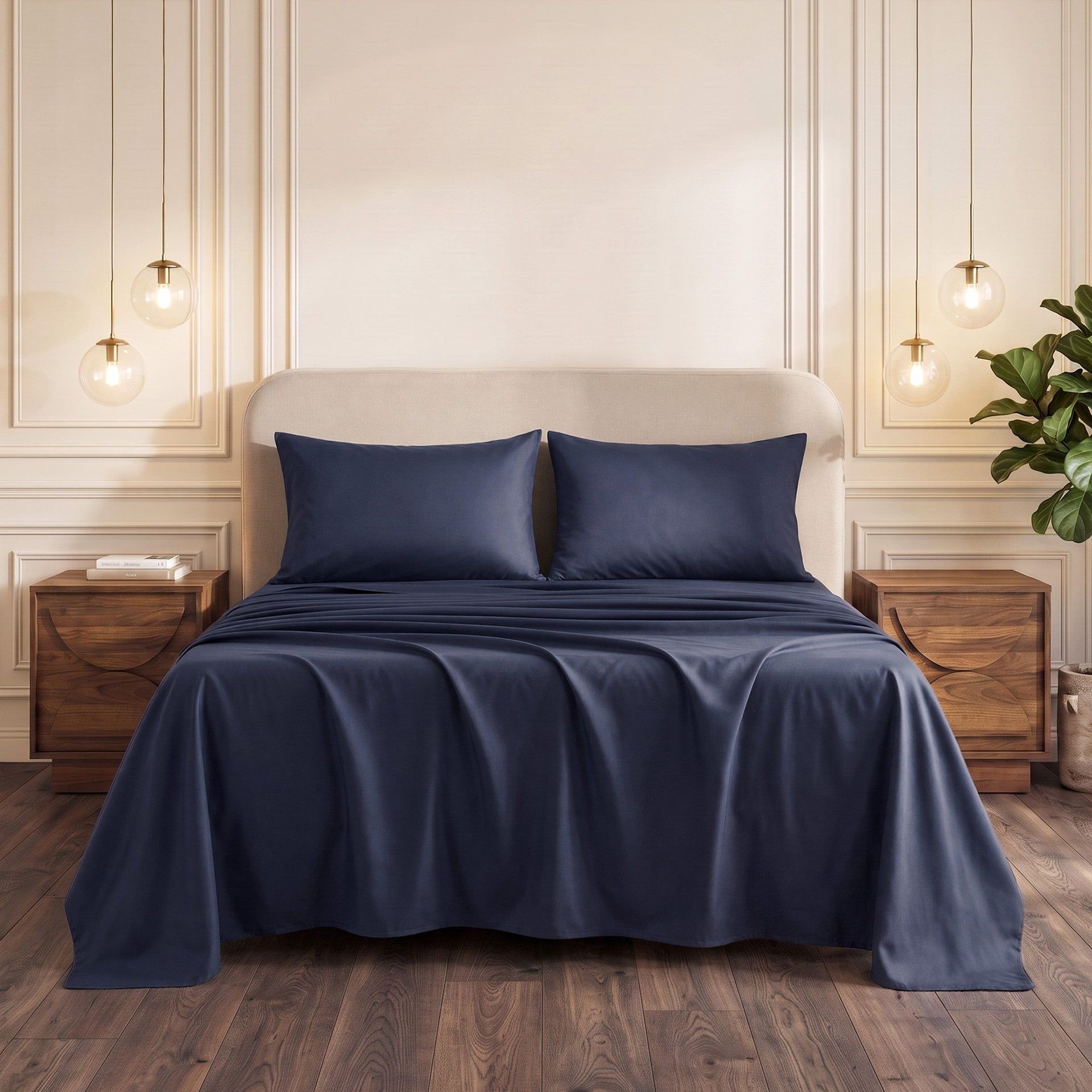 Giselle Queen 500TC Cotton 4Pcs Sheet Set with 40cm Extra Deep Pocket for Thick Mattresses Sateen Weave for Sweaty Nights Navy Blue Awezingly