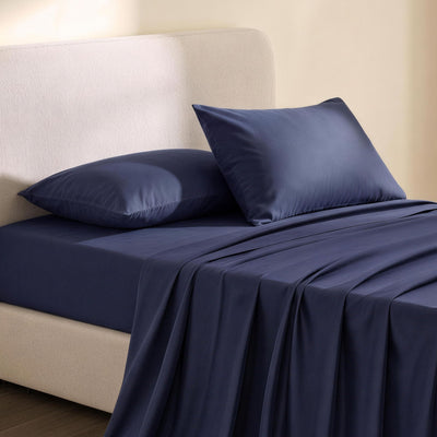 Giselle Single 500TC Cotton 4Pcs Sheet Set with 40cm Extra Deep Pocket for Thick Mattresses Sateen Weave for Sweaty Nights Navy Blue