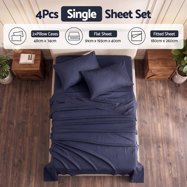 Giselle Single 500TC Cotton 4Pcs Sheet Set with 40cm Extra Deep Pocket for Thick Mattresses Sateen Weave for Sweaty Nights Navy Blue Awezingly
