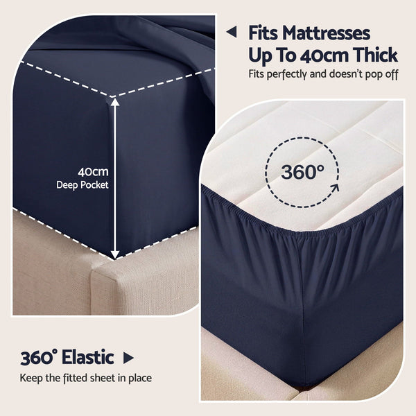 Giselle Single 500TC Cotton 4Pcs Sheet Set with 40cm Extra Deep Pocket for Thick Mattresses Sateen Weave for Sweaty Nights Navy Blue Awezingly