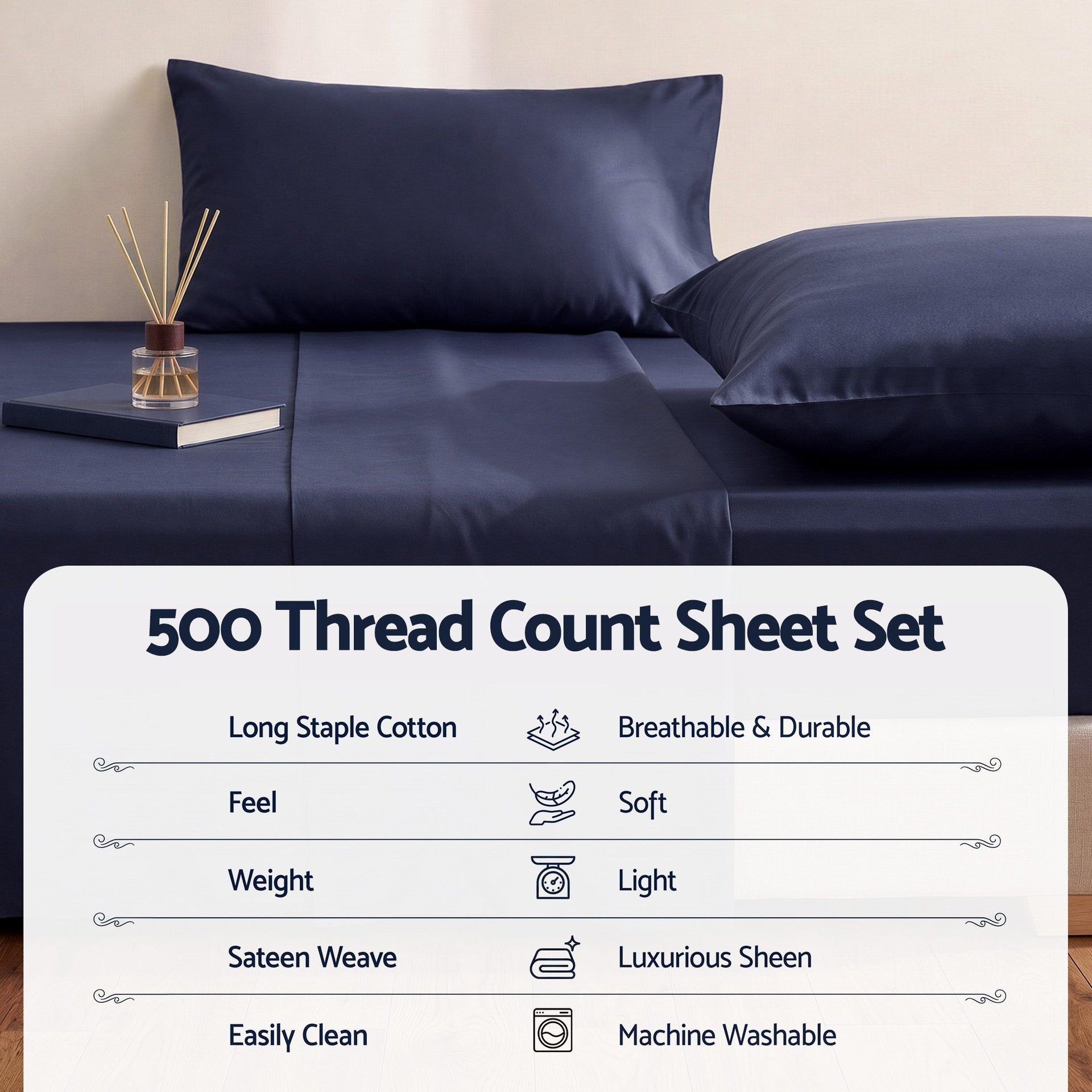 Giselle Single 500TC Cotton 4Pcs Sheet Set with 40cm Extra Deep Pocket for Thick Mattresses Sateen Weave for Sweaty Nights Navy Blue Awezingly