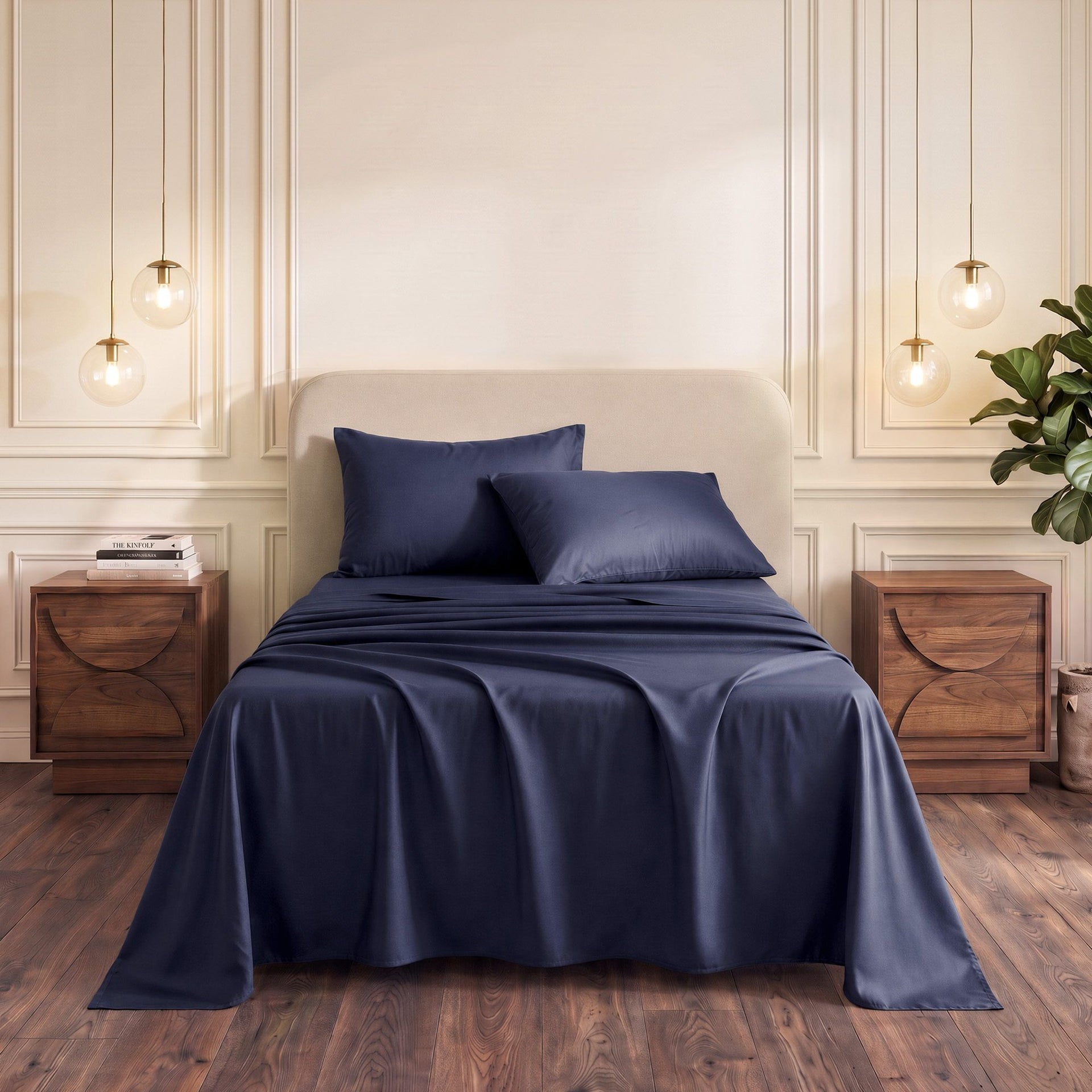 Giselle Single 500TC Cotton 4Pcs Sheet Set with 40cm Extra Deep Pocket for Thick Mattresses Sateen Weave for Sweaty Nights Navy Blue Awezingly