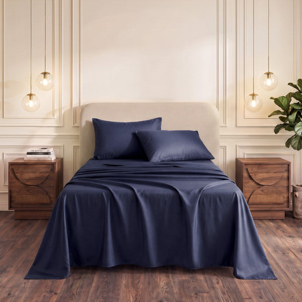 Giselle Single 500TC Cotton 4Pcs Sheet Set with 40cm Extra Deep Pocket for Thick Mattresses Sateen Weave for Sweaty Nights Navy Blue Awezingly