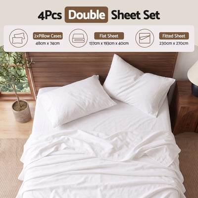 Giselle Double 500TC Cotton 4Pcs Sheet Set with 40cm Extra Deep Pocket for Thick Mattresses Sateen Weave for Sweaty Nights White