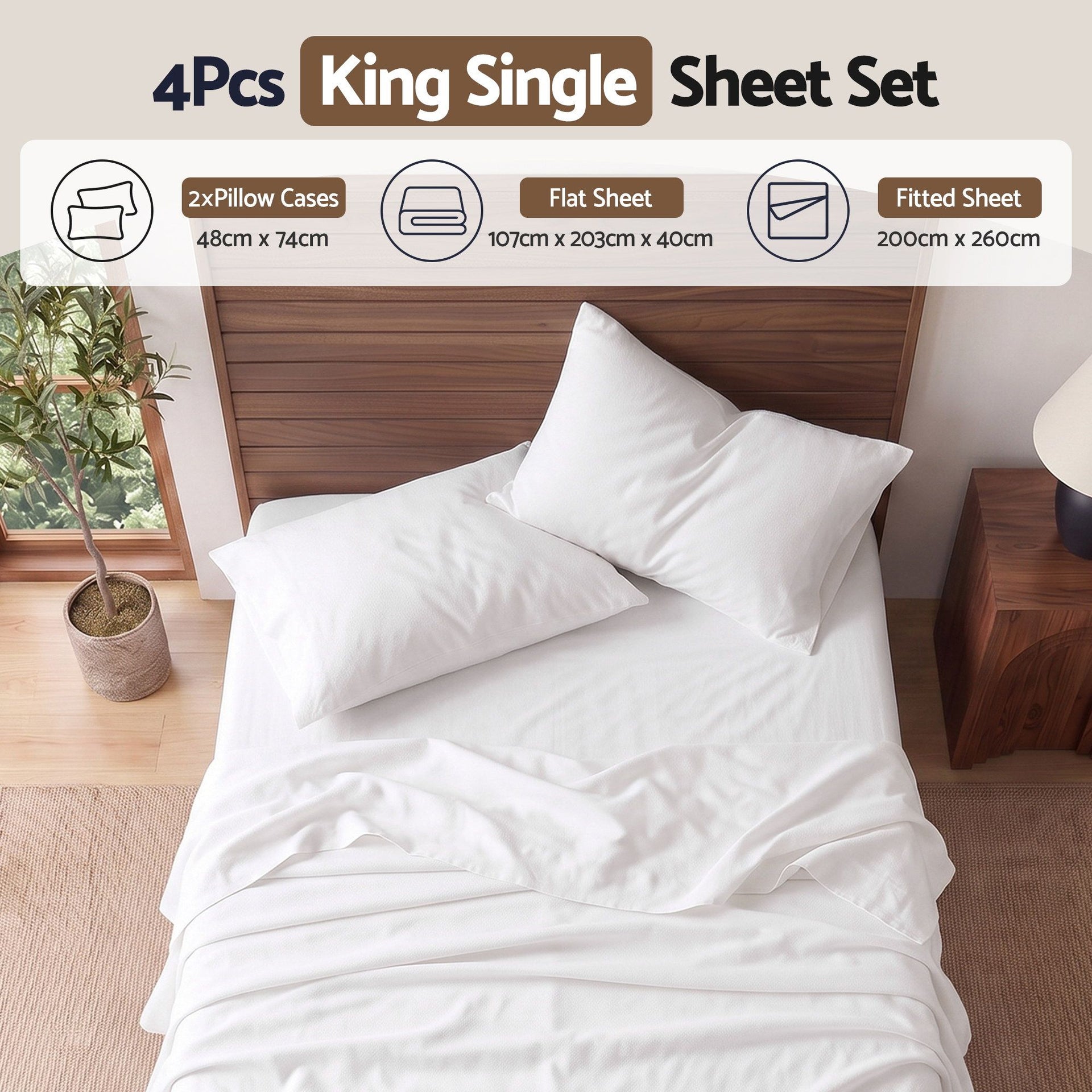 Giselle Kingsingle 500TC Cotton 4Pcs Sheet Set with 40cm Extra Deep Pocket for Thick Mattresses Sateen Weave for Sweaty Nights White Awezingly