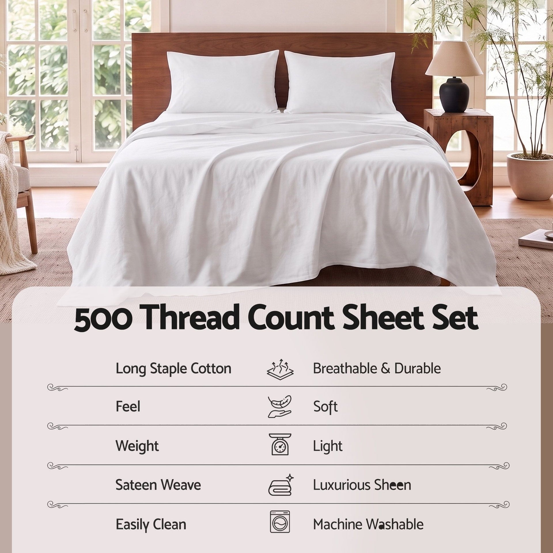 Giselle Queen 500TC Cotton 4Pcs Sheet Set with 40cm Extra Deep Pocket for Thick Mattresses Sateen Weave for Sweaty Nights White Awezingly