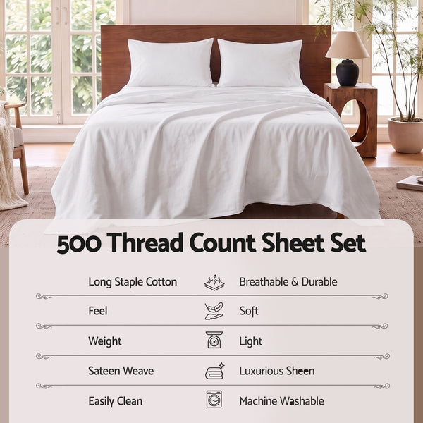 Giselle Queen 500TC Cotton 4Pcs Sheet Set with 40cm Extra Deep Pocket for Thick Mattresses Sateen Weave for Sweaty Nights White Awezingly