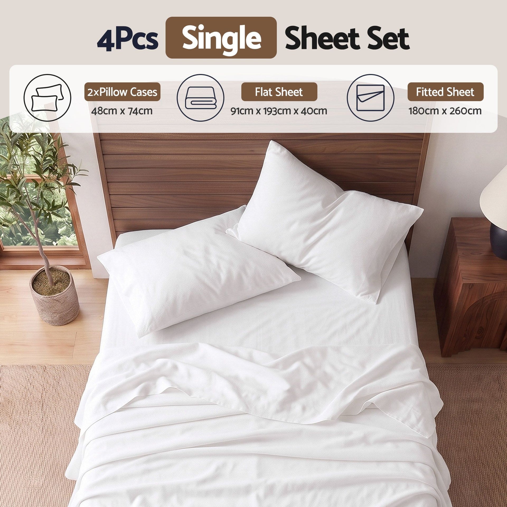 Giselle Single 500TC Cotton 4Pcs Sheet Set with 40cm Extra Deep Pocket for Thick Mattresses Sateen Weave for Sweaty Nights White Awezingly