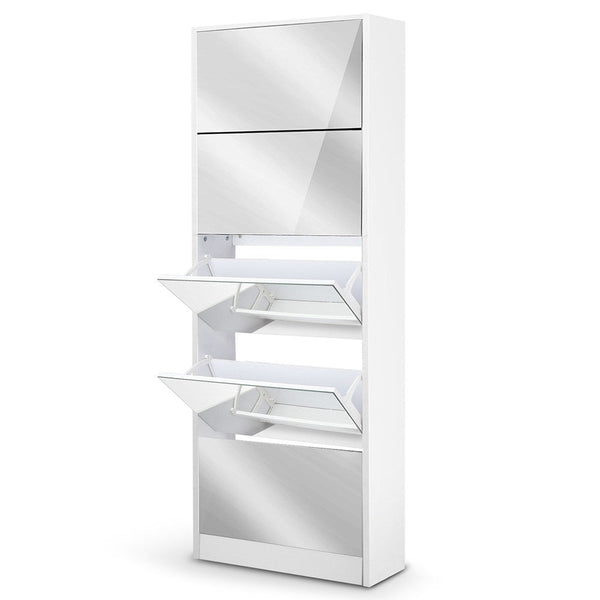 Artiss 5 Drawer Mirrored Wooden Shoe Cabinet - White Artiss