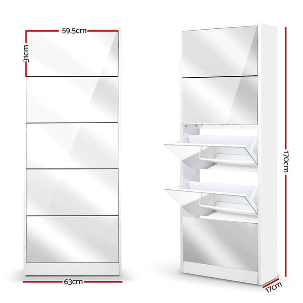 Artiss 5 Drawer Mirrored Wooden Shoe Cabinet - White Artiss