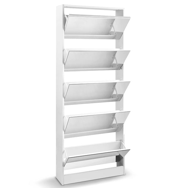 Artiss 5 Drawer Mirrored Wooden Shoe Cabinet - White Artiss
