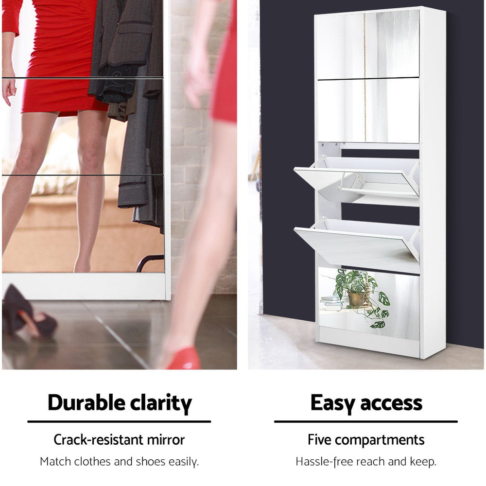 Artiss 5 Drawer Mirrored Wooden Shoe Cabinet - White Artiss