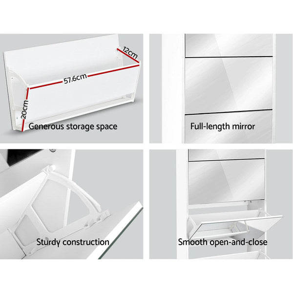 Artiss 5 Drawer Mirrored Wooden Shoe Cabinet - White Artiss