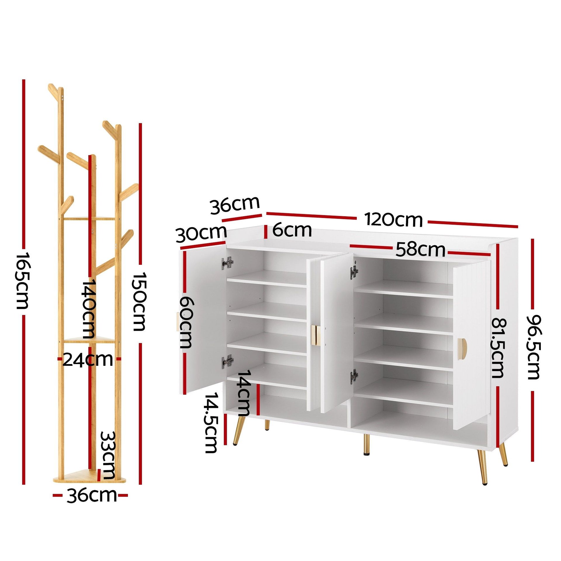 Artiss Shoe Rack Cabinet & Clothes Rack Set Storage Shelf White Pine Awezingly