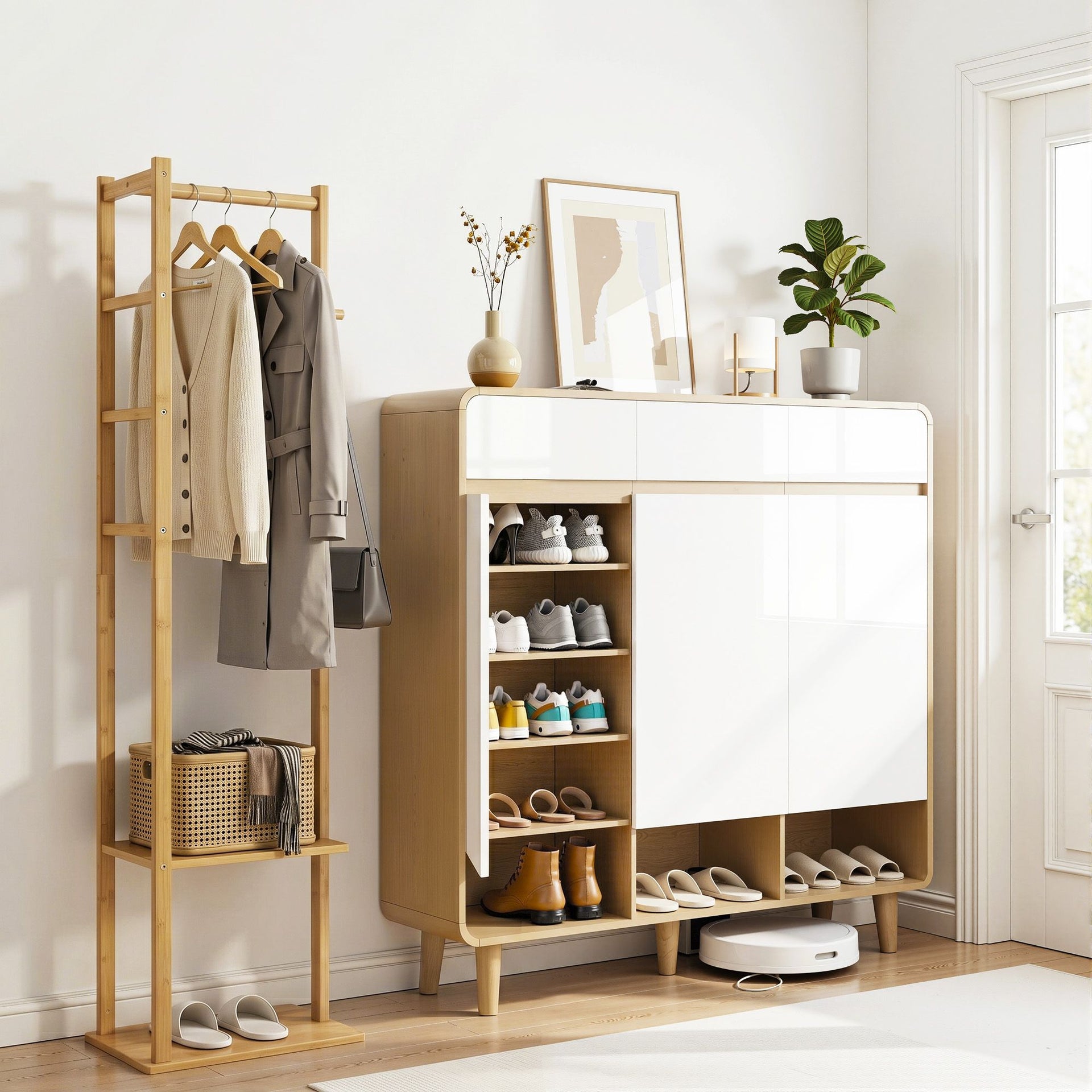 Artiss Shoe Rack Cabinet Wooden & Bamboo Clothes Rack Set Storage Shelf White Pine Awezingly