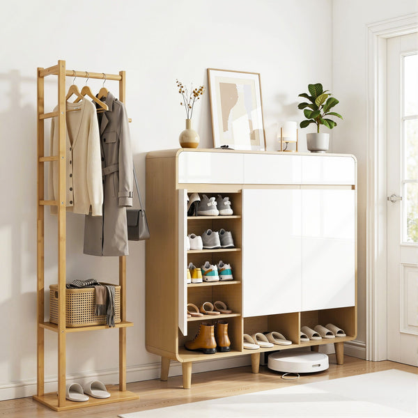 Artiss Shoe Rack Cabinet Wooden & Bamboo Clothes Rack Set Storage Shelf White Pine Awezingly