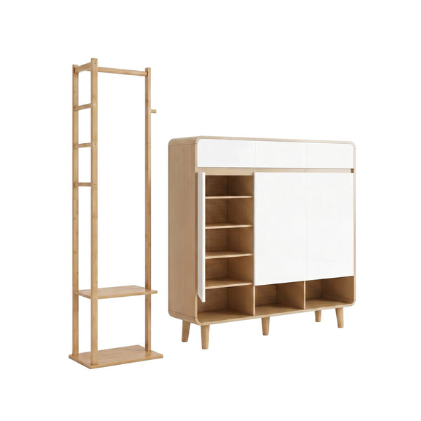 Artiss Shoe Rack Cabinet Wooden & Bamboo Clothes Rack Set Storage Shelf White Pine Awezingly