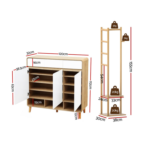 Artiss Shoe Rack Cabinet Wooden & Bamboo Clothes Rack Set Storage Shelf White Pine Awezingly