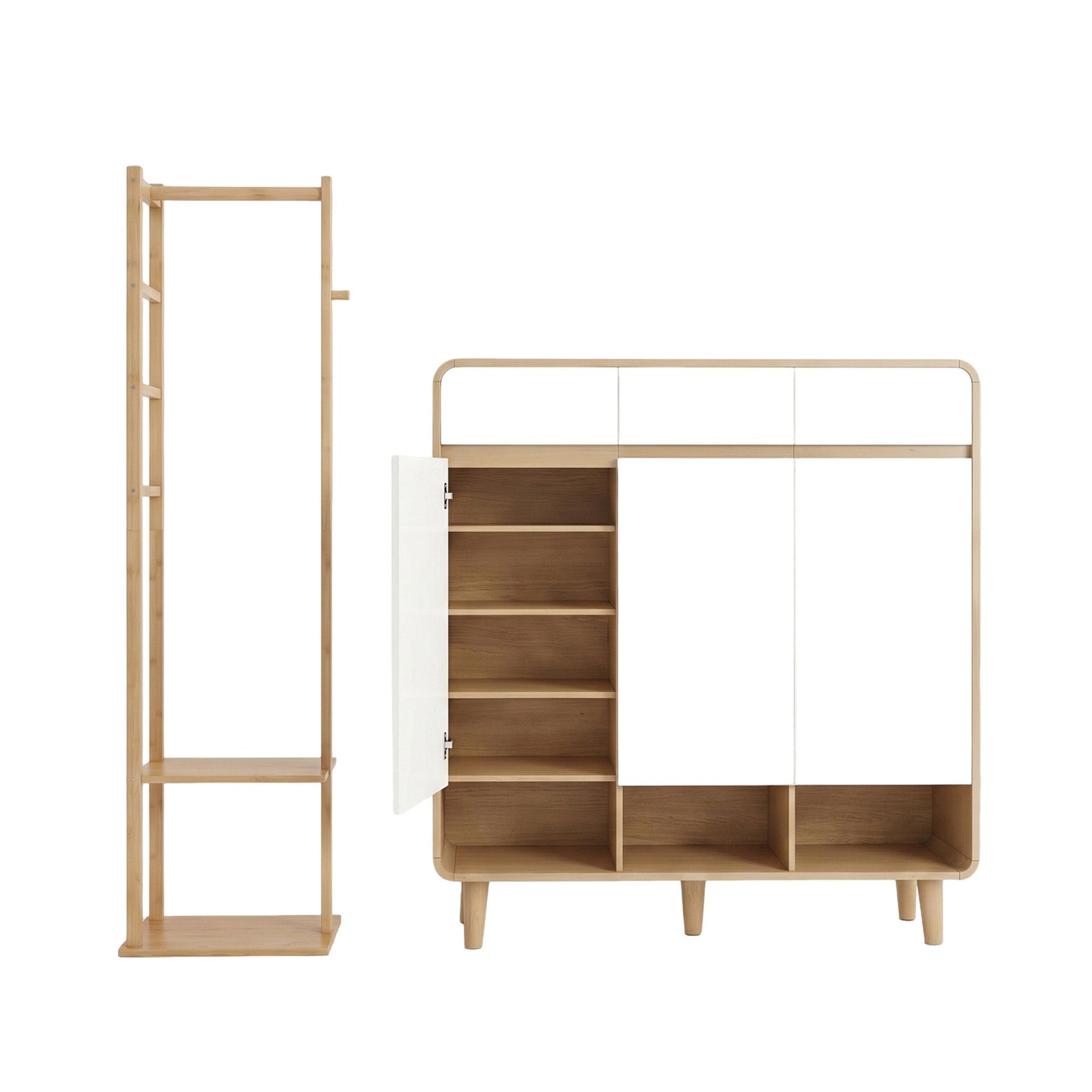 Artiss Shoe Rack Cabinet Wooden & Bamboo Clothes Rack Set Storage Shelf White Pine Awezingly