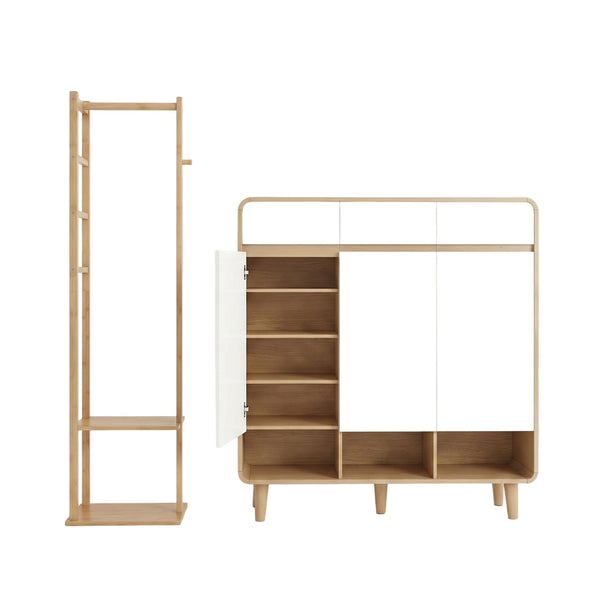 Artiss Shoe Rack Cabinet Wooden & Bamboo Clothes Rack Set Storage Shelf White Pine Awezingly