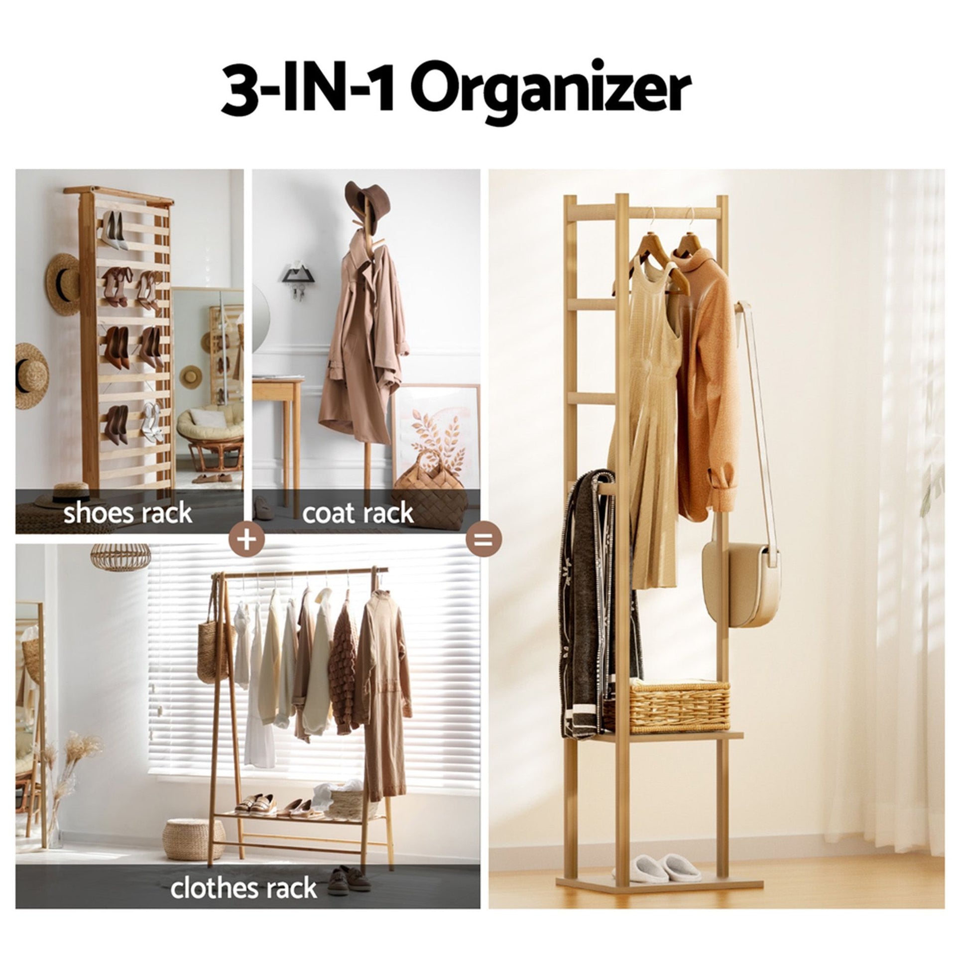 Artiss Shoe Rack Cabinet Wooden & Bamboo Clothes Rack Set Storage Shelf White Pine Awezingly