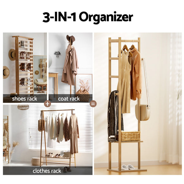 Artiss Shoe Rack Cabinet Wooden & Bamboo Clothes Rack Set Storage Shelf White Pine Awezingly