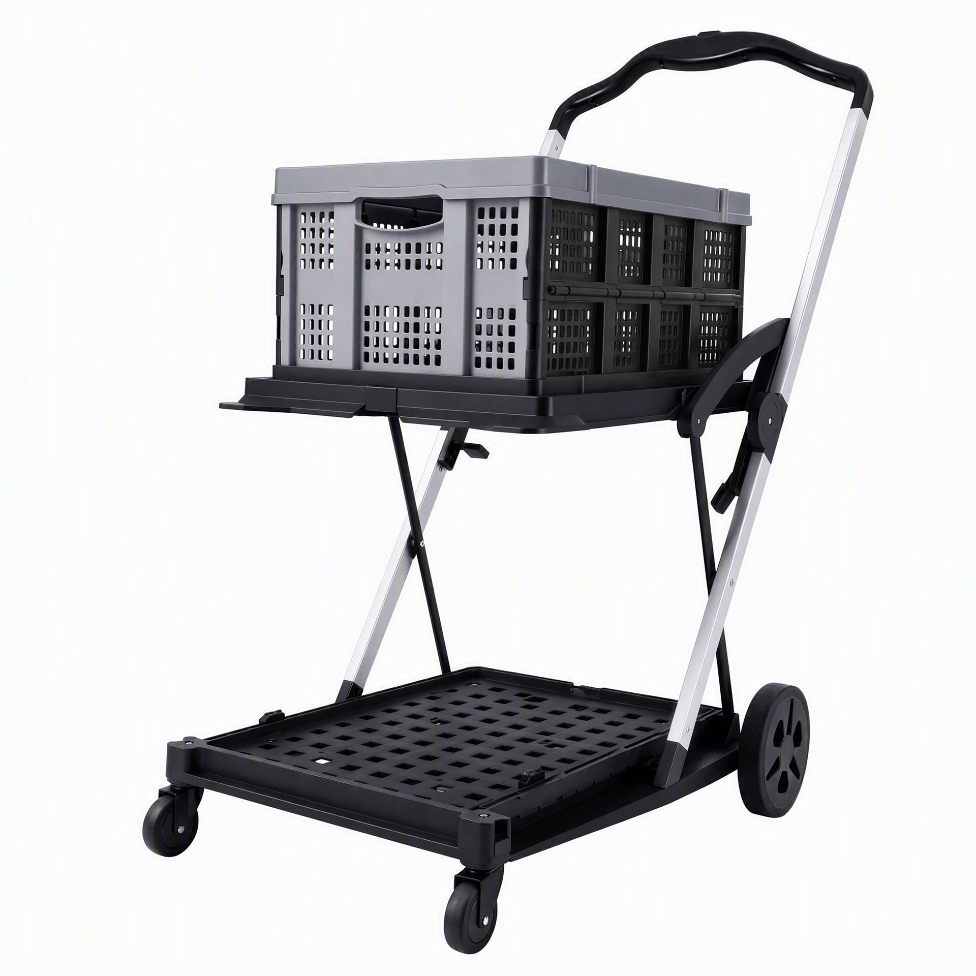 Artiss Shopping Trolley with Wheels 2 Layer w/1 Crate Foldable Trolley Grey Awezingly