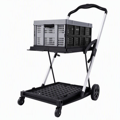 Artiss Shopping Trolley with Wheels 2 Layer w/1 Crate Foldable Trolley Grey