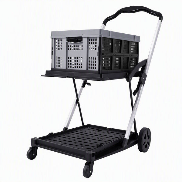 Artiss Shopping Trolley with Wheels 2 Layer w/1 Crate Foldable Trolley Grey Awezingly
