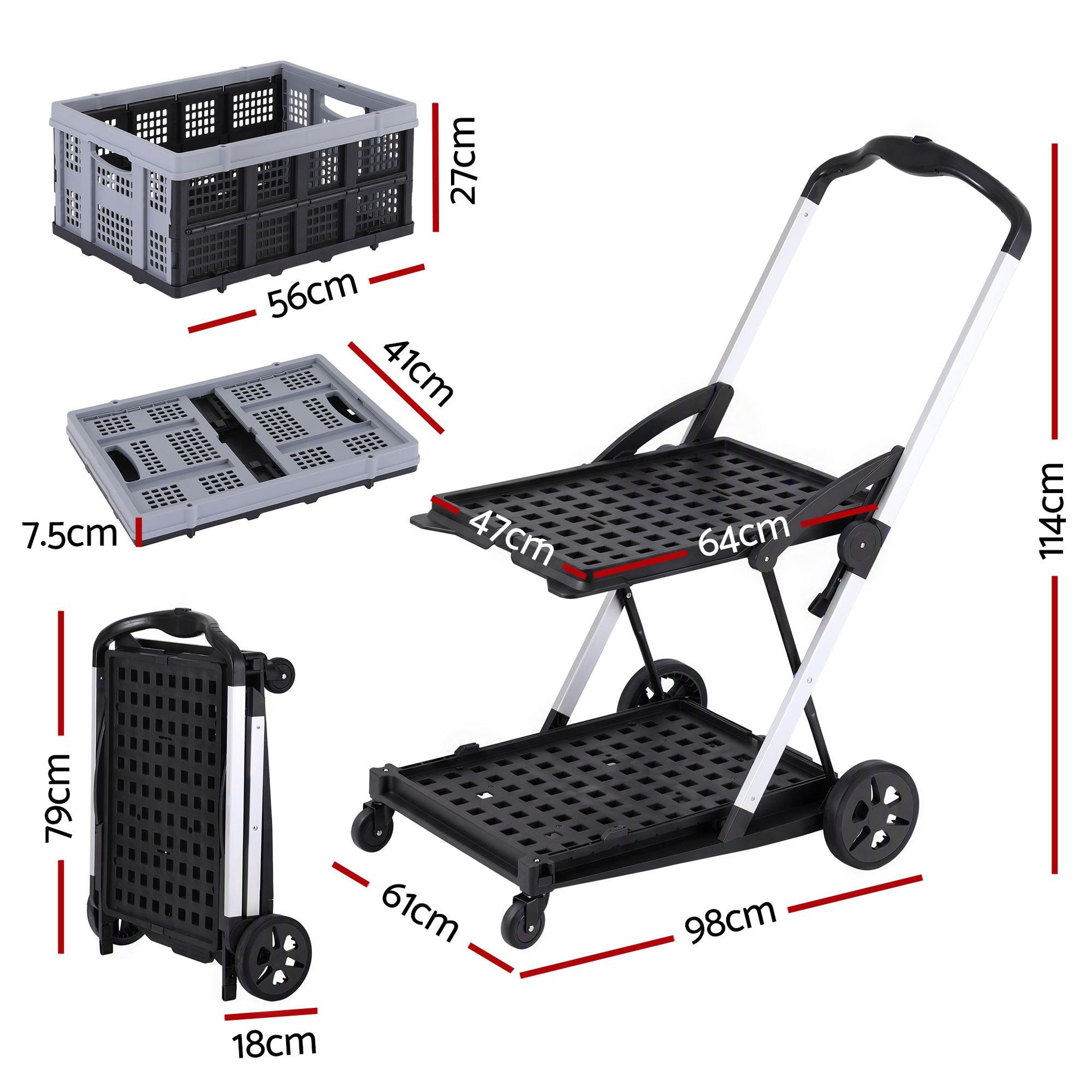Artiss Shopping Trolley with Wheels 2 Layer w/1 Crate Foldable Trolley Grey Awezingly