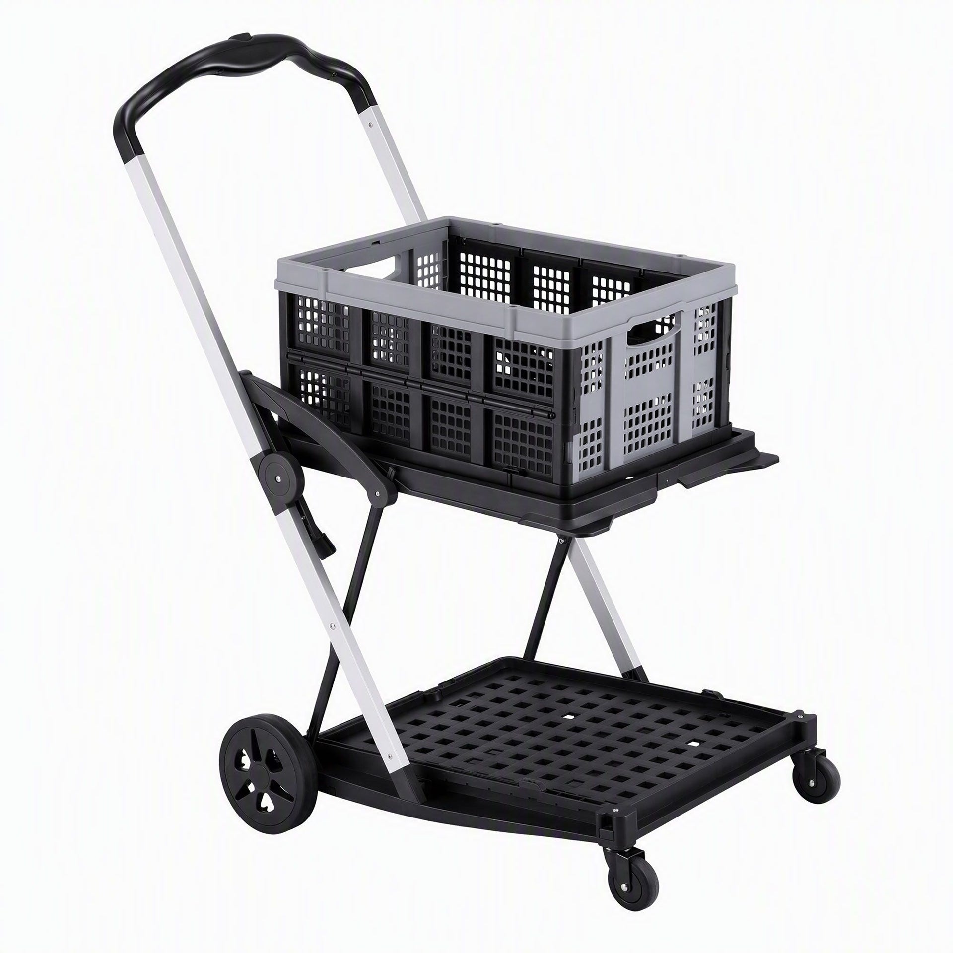 Artiss Shopping Trolley with Wheels 2 Layer w/1 Crate Foldable Trolley Grey Awezingly