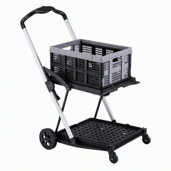Artiss Shopping Trolley with Wheels 2 Layer w/1 Crate Foldable Trolley Grey Awezingly