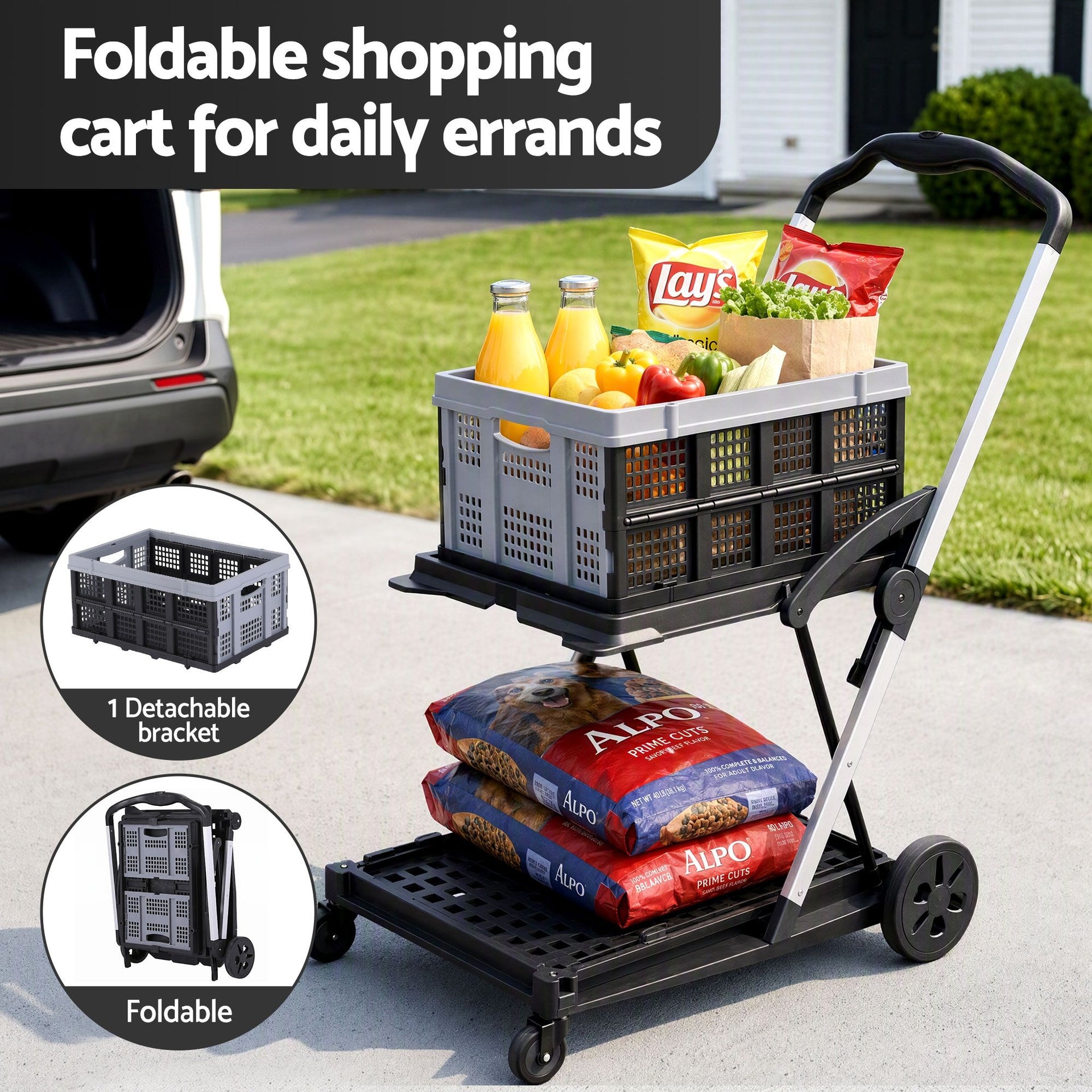 Artiss Shopping Trolley with Wheels 2 Layer w/1 Crate Foldable Trolley Grey Awezingly