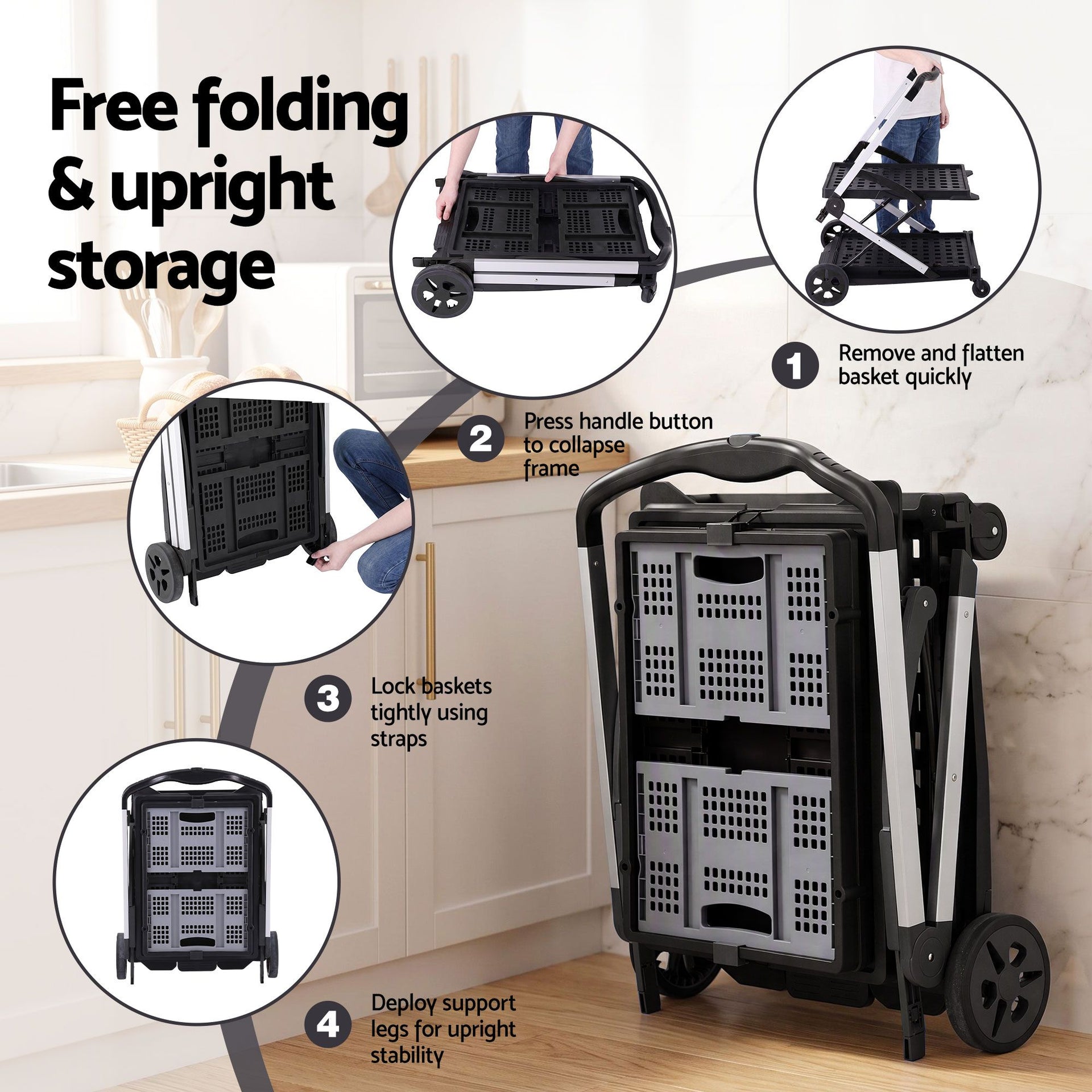 Artiss Shopping Trolley with Wheels 2 Layer w/1 Crate Foldable Trolley Grey Awezingly