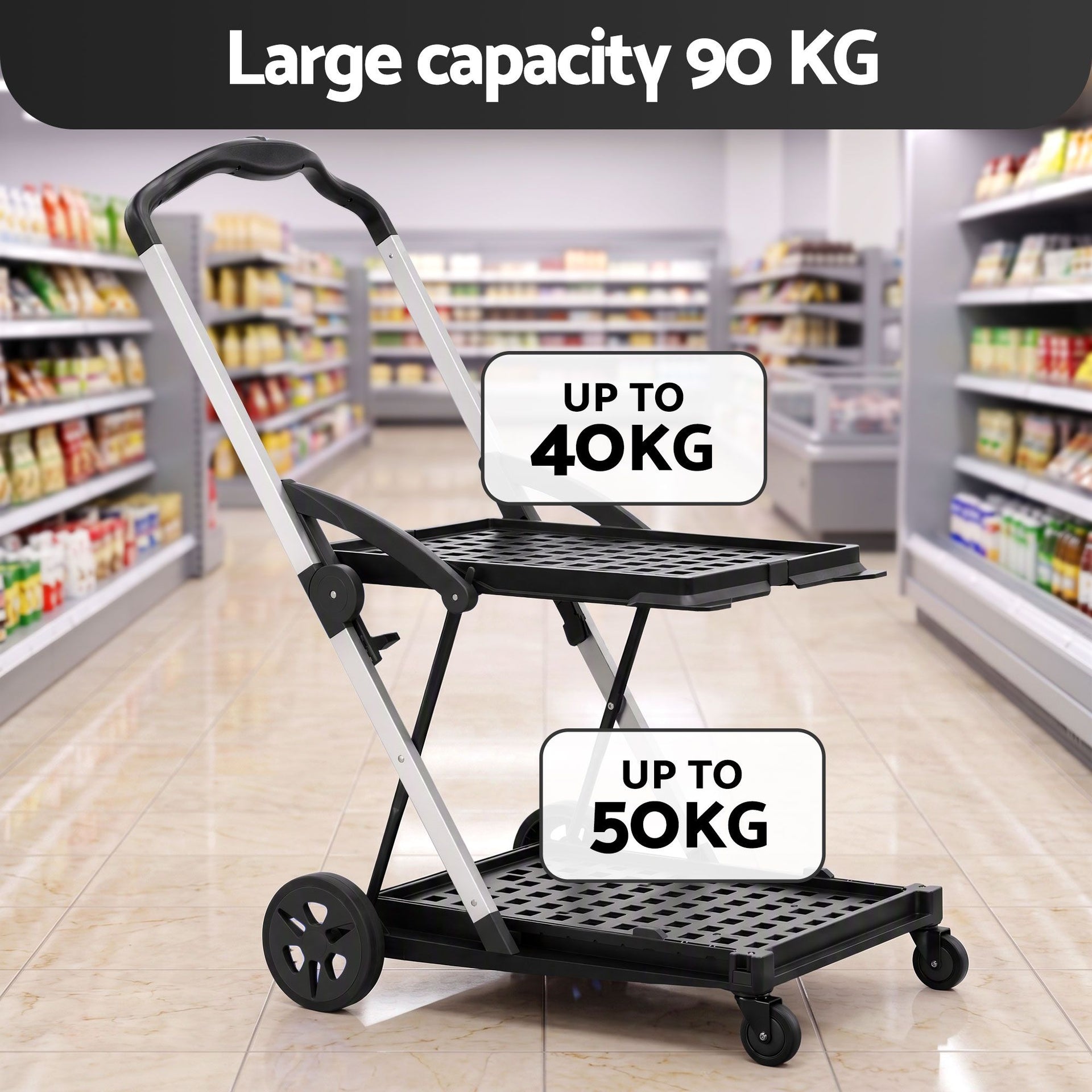 Artiss Shopping Trolley with Wheels 2 Layer w/1 Crate Foldable Trolley Grey Awezingly