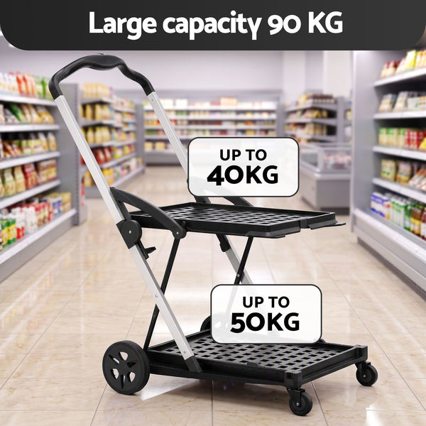 Artiss Shopping Trolley with Wheels 2 Layer w/1 Crate Foldable Trolley Grey Awezingly