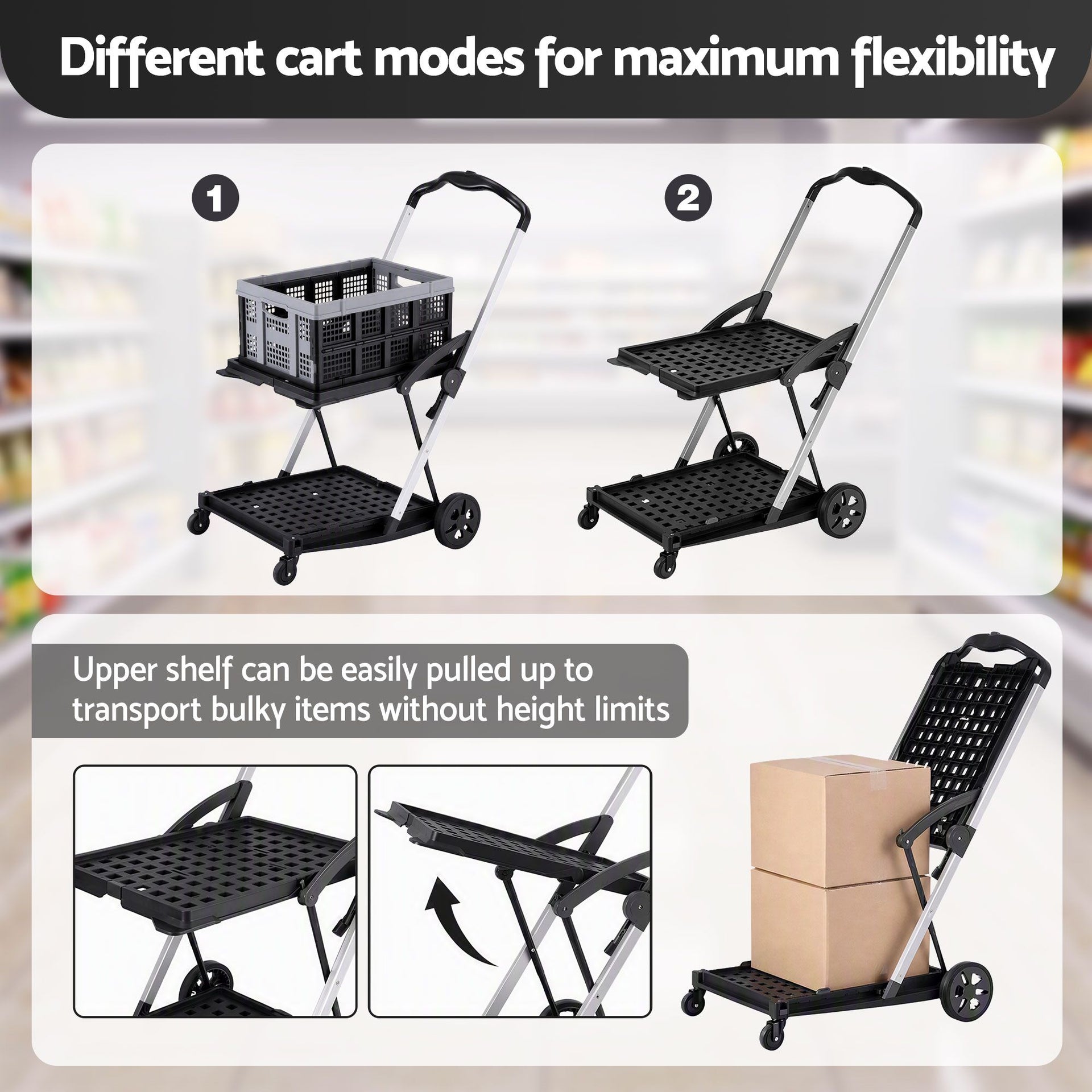 Artiss Shopping Trolley with Wheels 2 Layer w/1 Crate Foldable Trolley Grey Awezingly