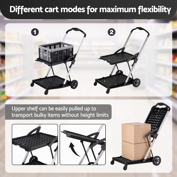 Artiss Shopping Trolley with Wheels 2 Layer w/1 Crate Foldable Trolley Grey Awezingly