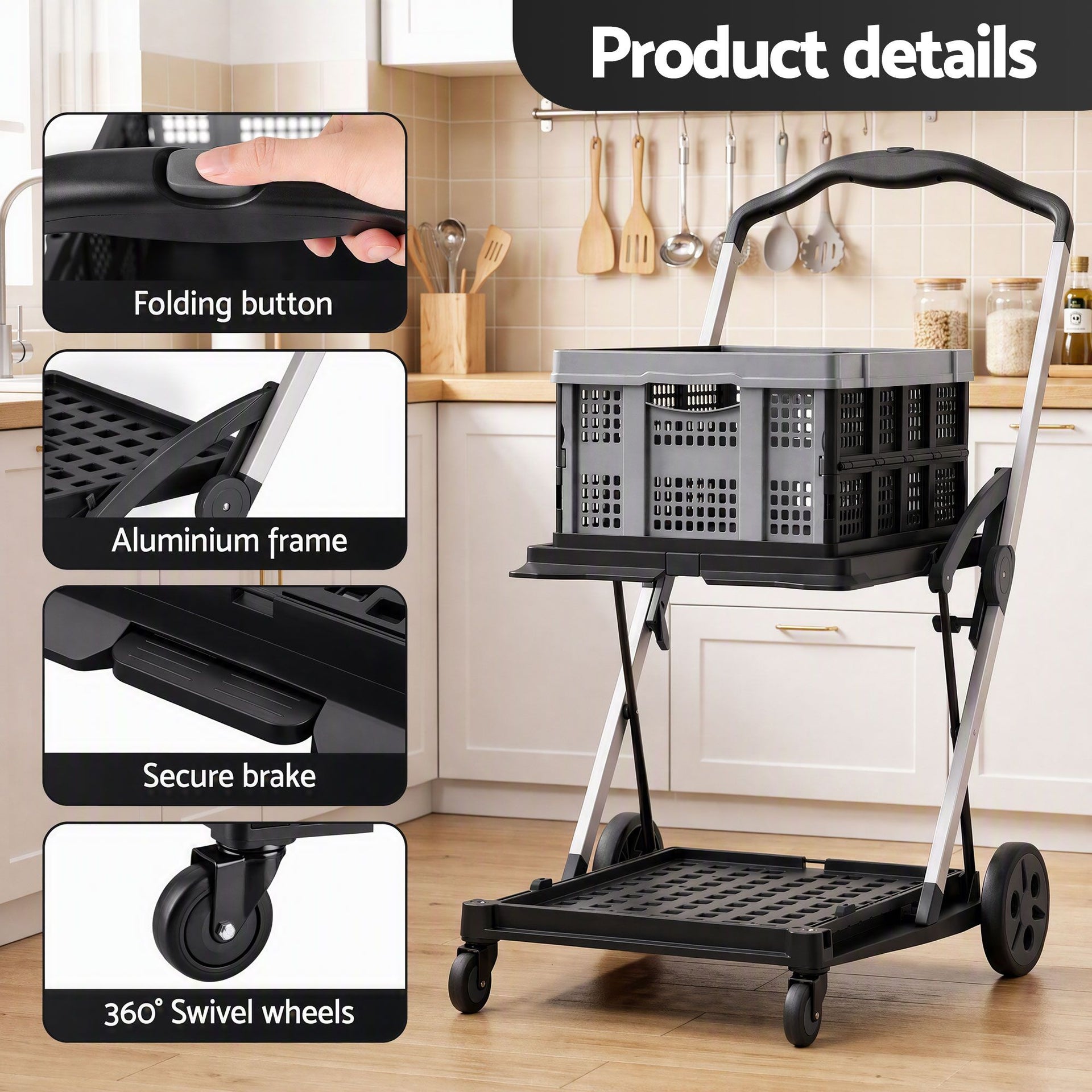 Artiss Shopping Trolley with Wheels 2 Layer w/1 Crate Foldable Trolley Grey Awezingly