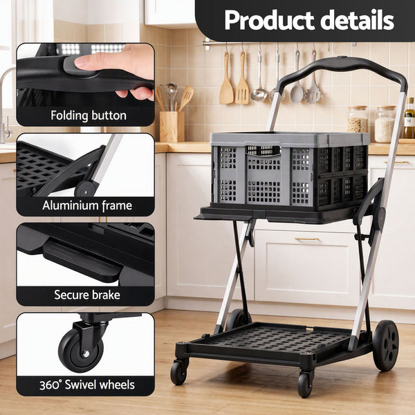 Artiss Shopping Trolley with Wheels 2 Layer w/1 Crate Foldable Trolley Grey Awezingly
