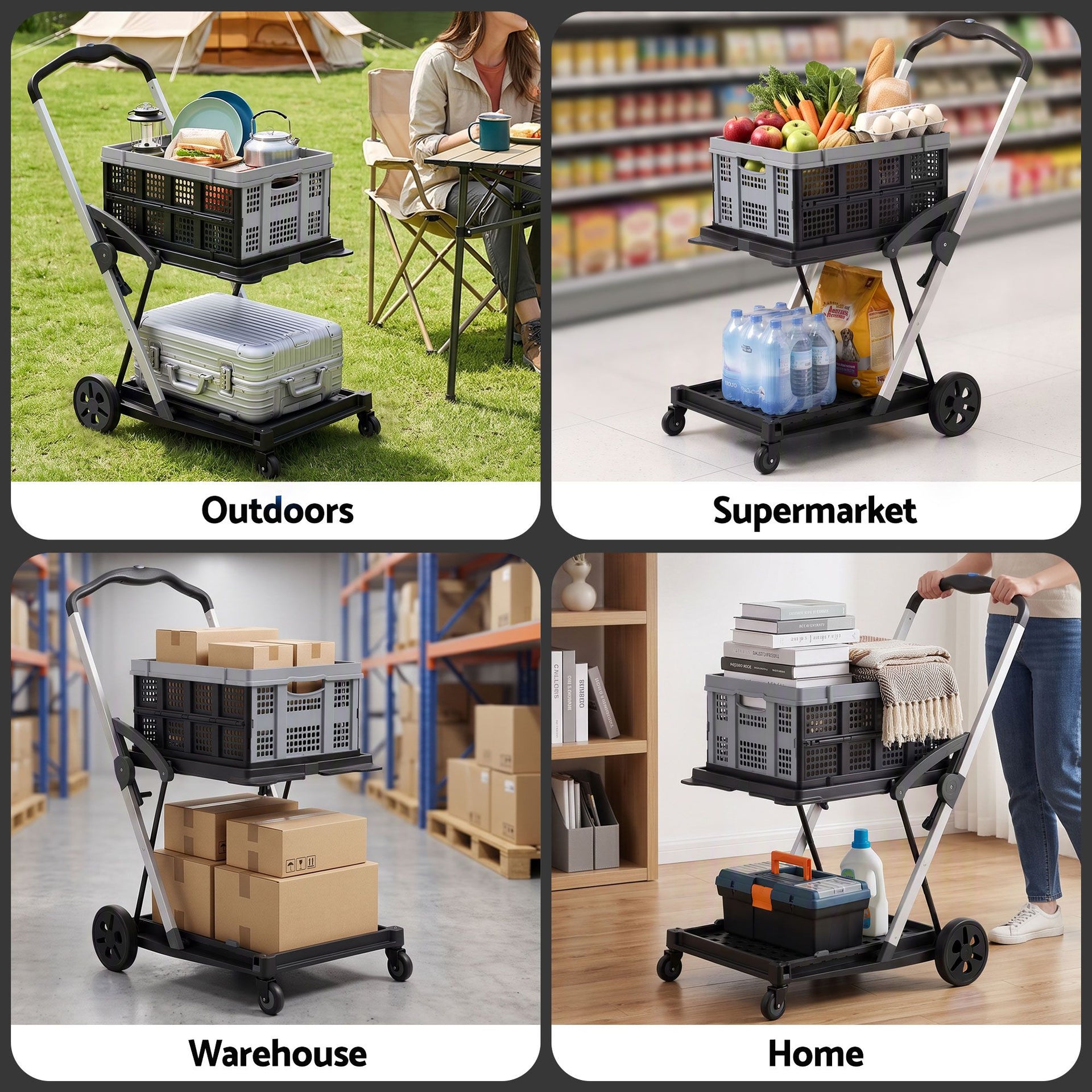 Artiss Shopping Trolley with Wheels 2 Layer w/1 Crate Foldable Trolley Grey Awezingly
