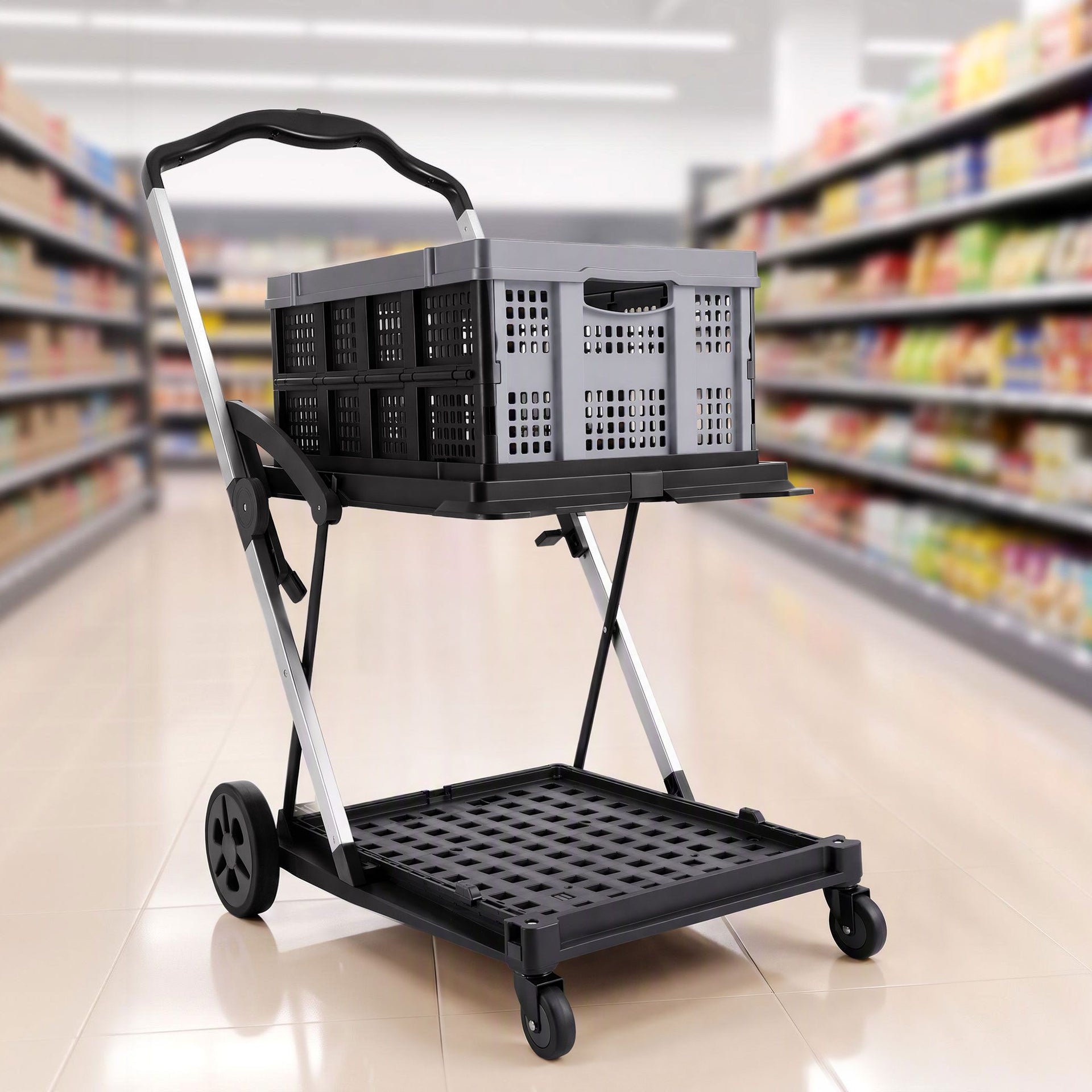 Artiss Shopping Trolley with Wheels 2 Layer w/1 Crate Foldable Trolley Grey Awezingly