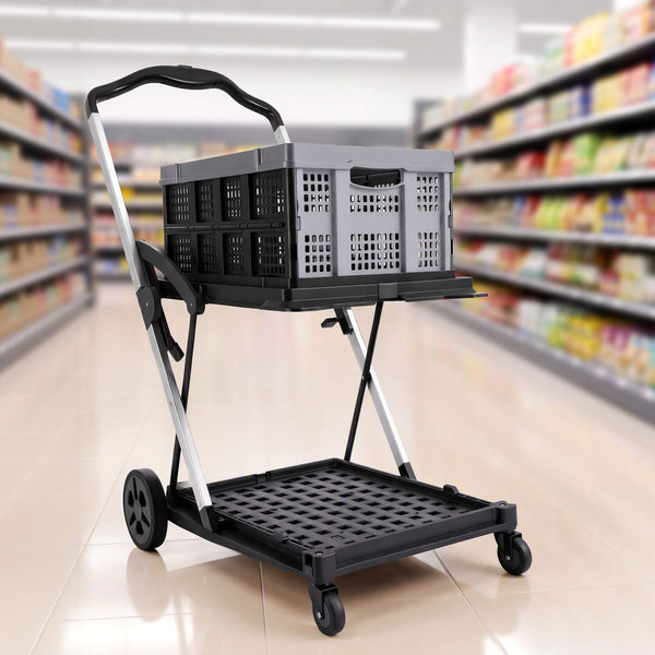 Artiss Shopping Trolley with Wheels 2 Layer w/1 Crate Foldable Trolley Grey Awezingly