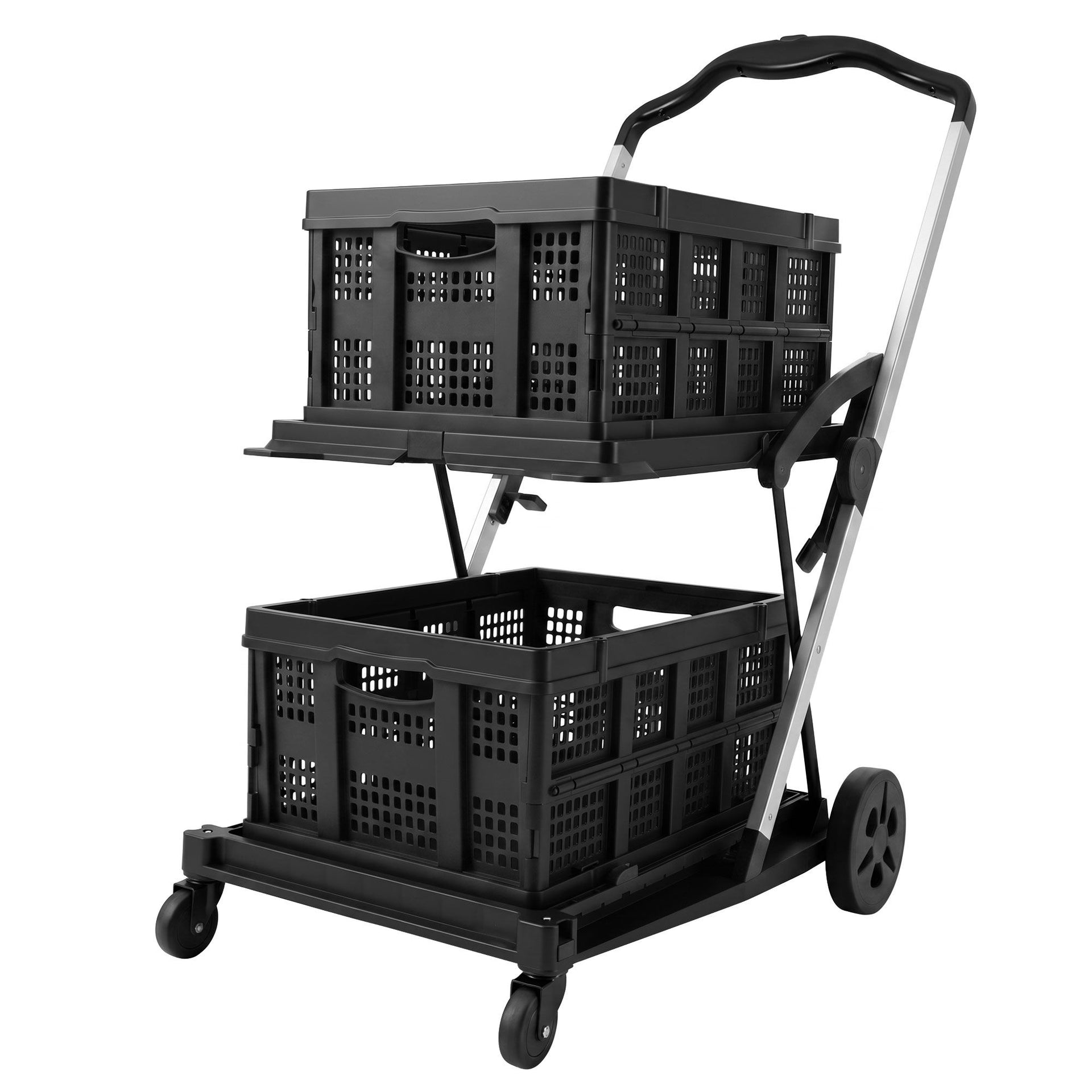 Artiss Shopping Trolley with Wheels 2 Layer w/2 Crates Foldable Trolley Black Awezingly