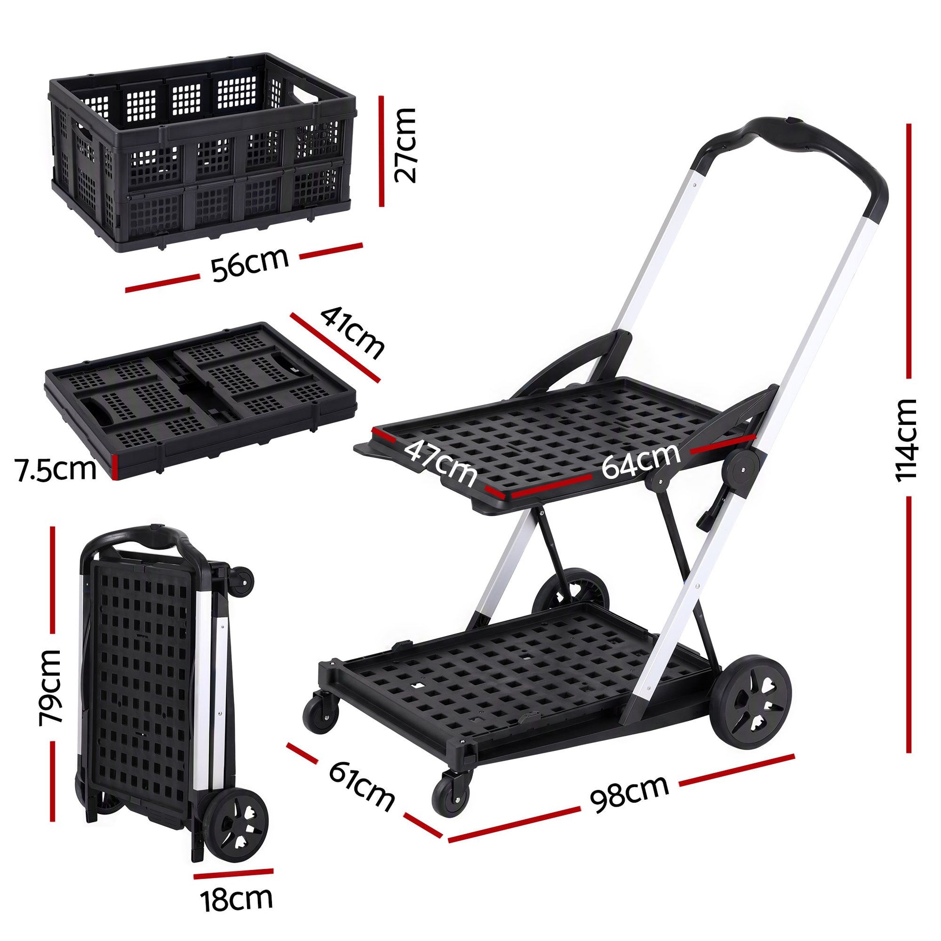 Artiss Shopping Trolley with Wheels 2 Layer w/2 Crates Foldable Trolley Black Awezingly