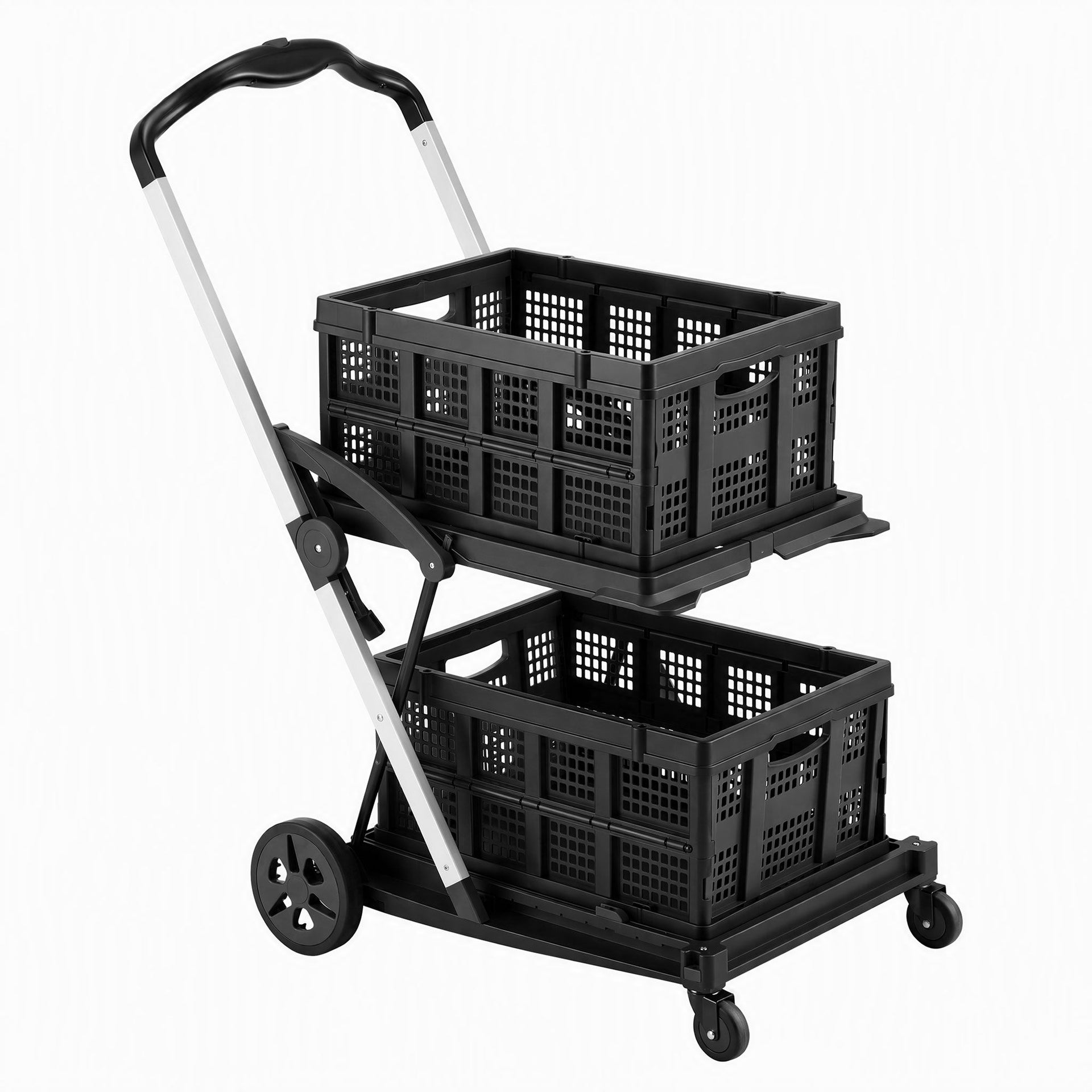 Artiss Shopping Trolley with Wheels 2 Layer w/2 Crates Foldable Trolley Black Awezingly
