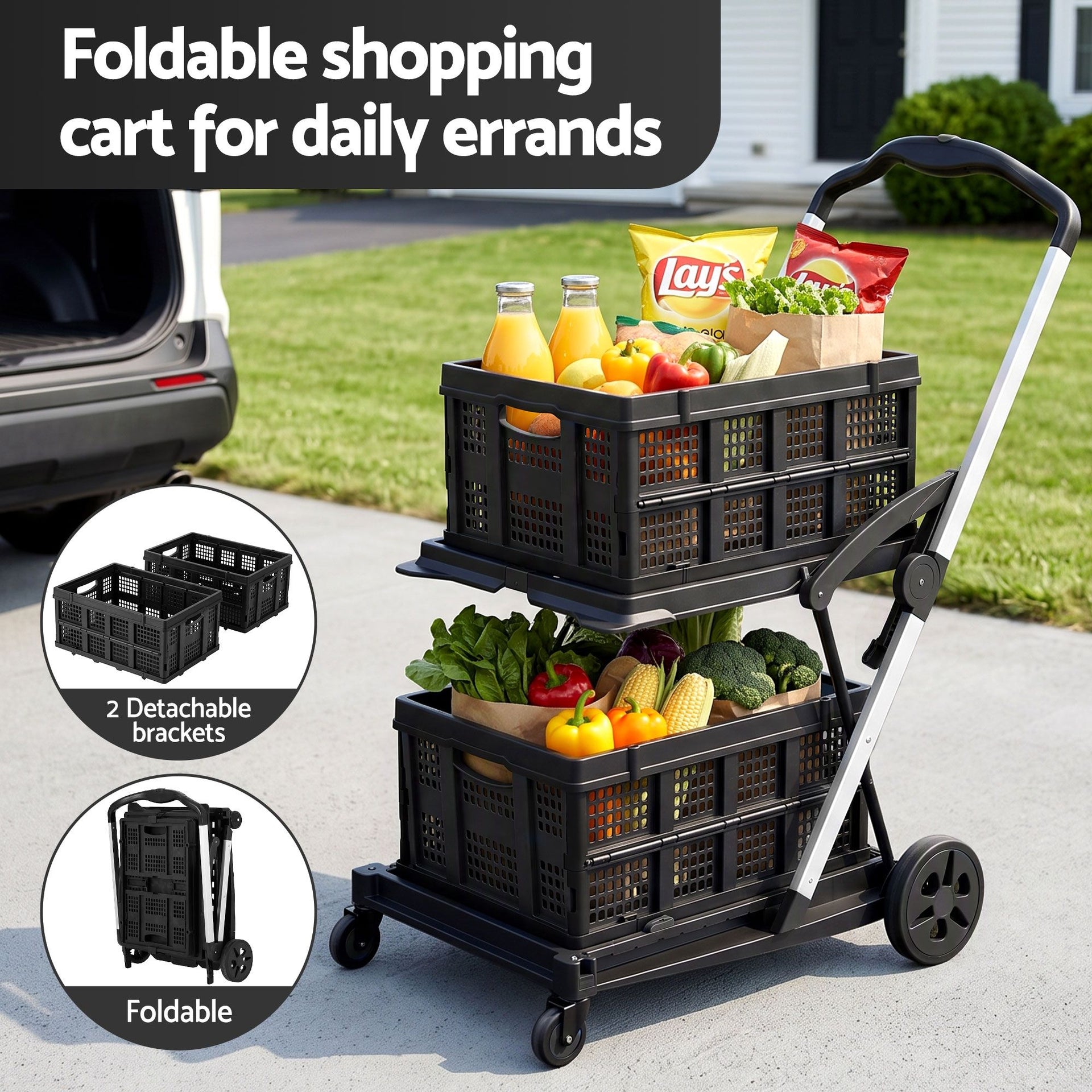 Artiss Shopping Trolley with Wheels 2 Layer w/2 Crates Foldable Trolley Black Awezingly