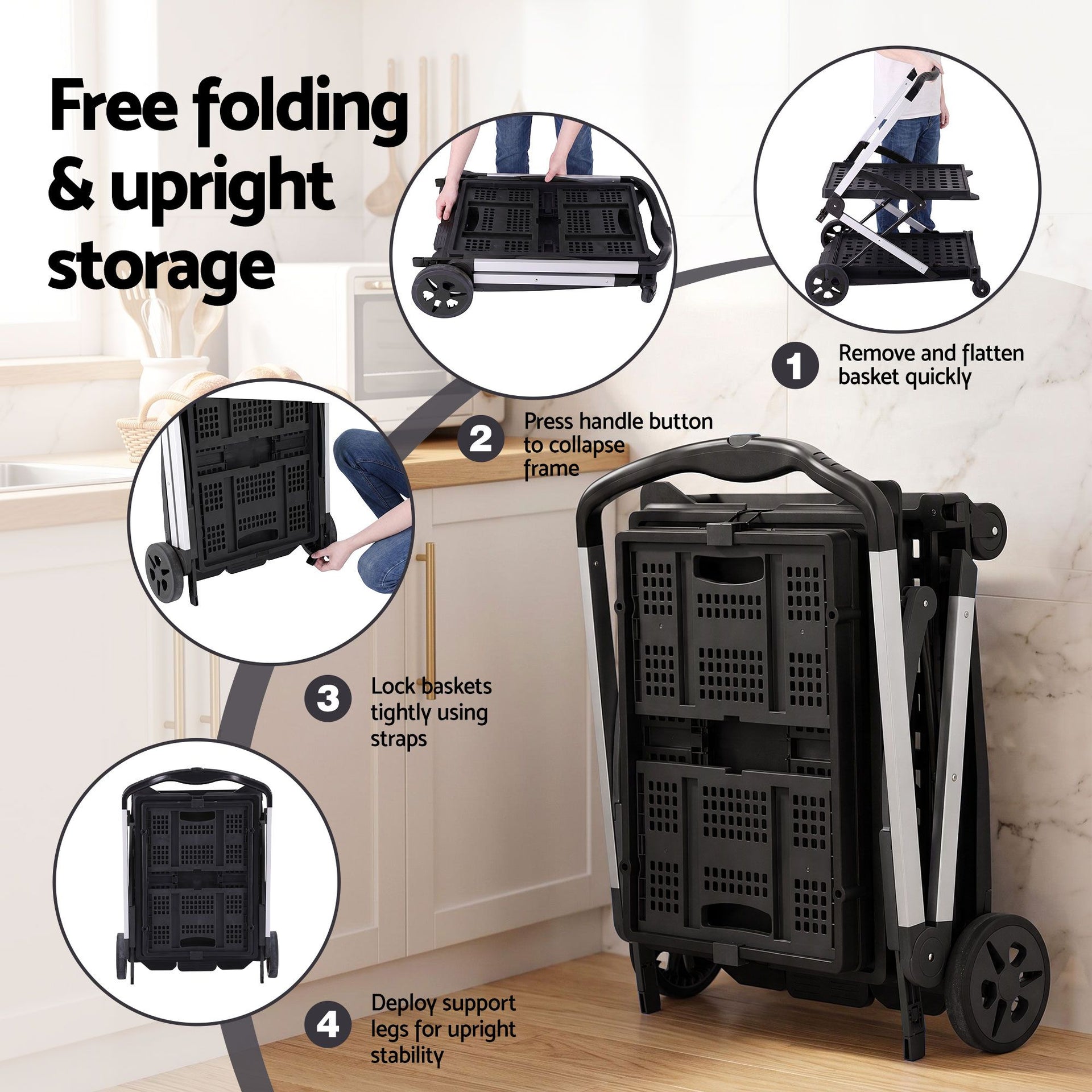 Artiss Shopping Trolley with Wheels 2 Layer w/2 Crates Foldable Trolley Black Awezingly