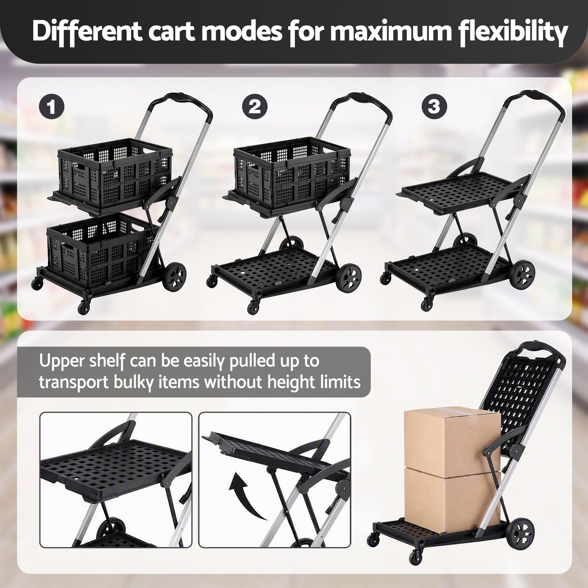Artiss Shopping Trolley with Wheels 2 Layer w/2 Crates Foldable Trolley Black Awezingly